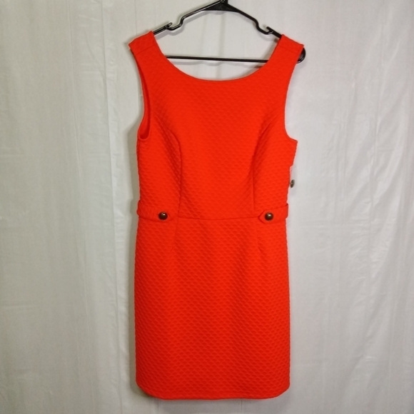 Modcloth Sleeveless Sheath Dress Red Orange Stretch Retro Knee Length Size L NWT - Picture 1 of 13